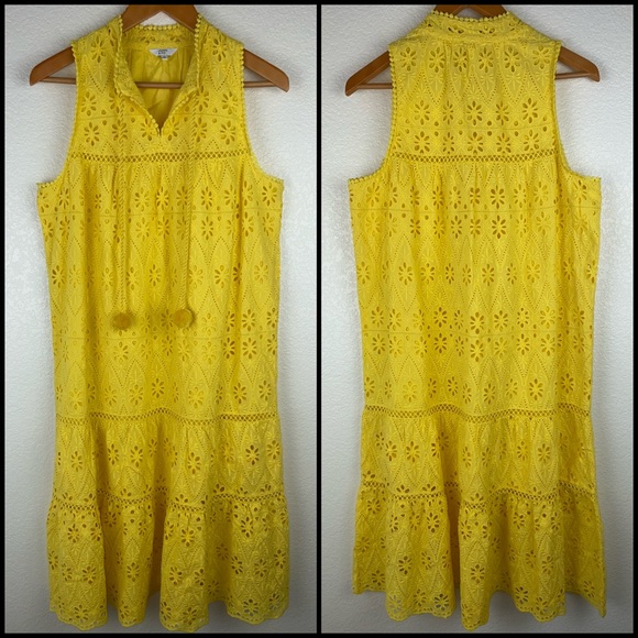 Crown & Ivy Yellow Crochet Eyelet Lace Pom Pom Tie Midi Dress - Picture 4 of 7